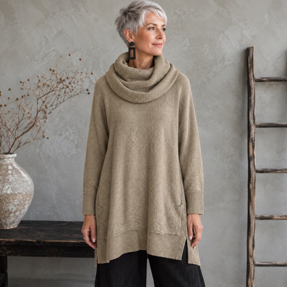 Soft Surroundings Camel Cowl Neck Wool Cashmere Blend Sweater Tunic S/M